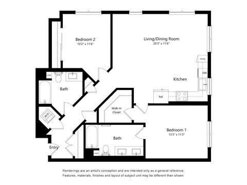 Floor plan for 2 beds, 2 baths, 1144 sqft